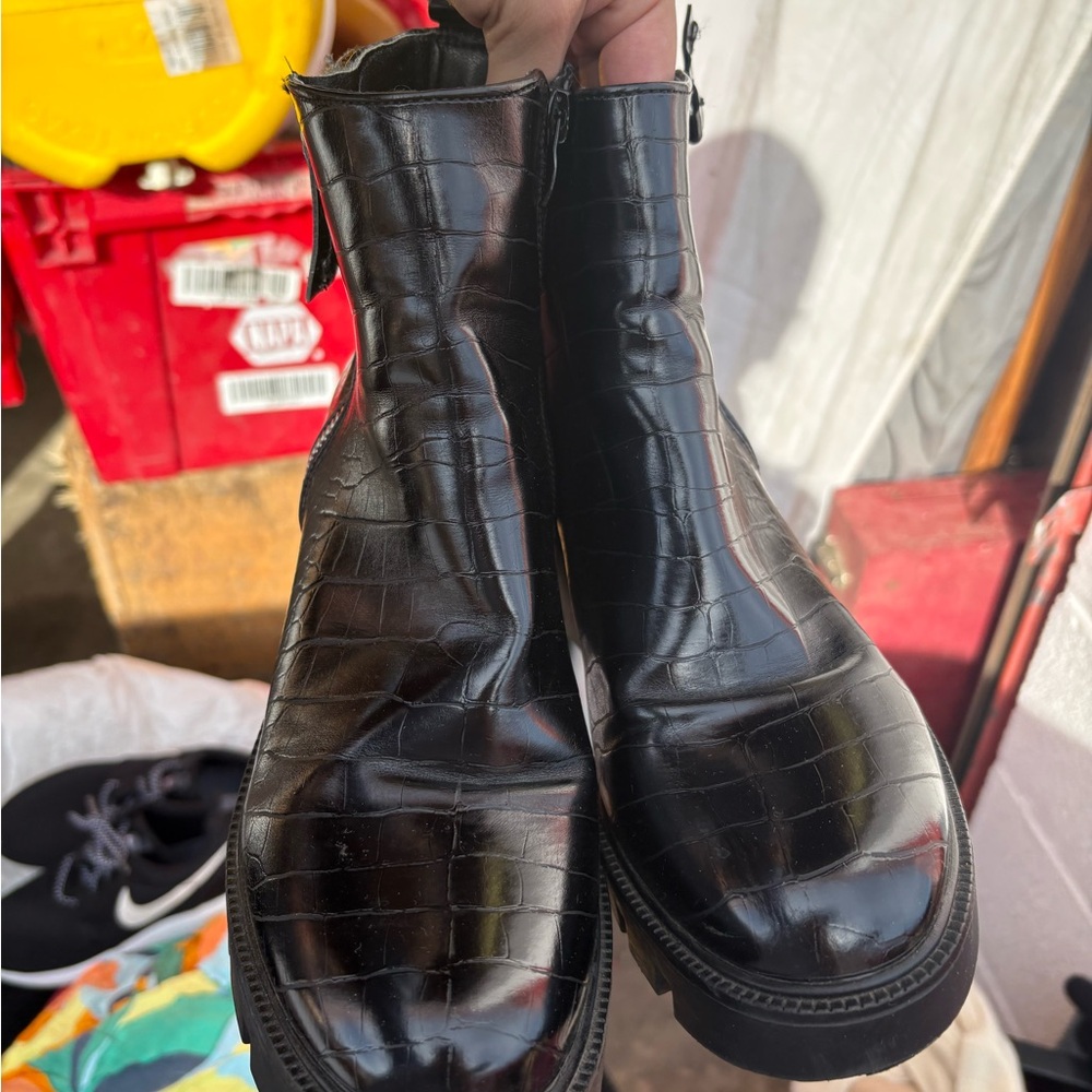 Steve Madden Glossy Black Croc-Embossed Booties - Picture 2 of 5